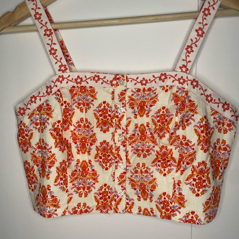 Haute Hippie Cream Crop Top with Red-Orange Floral Print